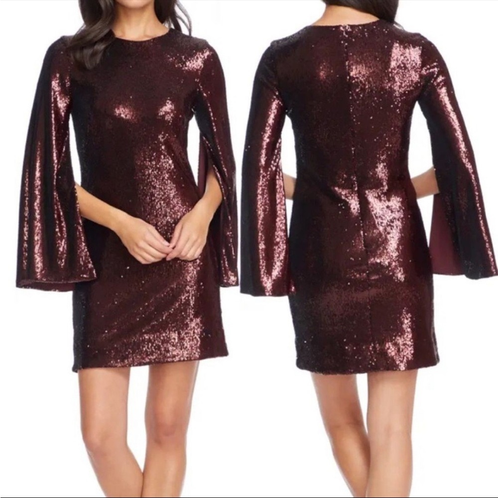 Dress the Population Maroon Port‎ Liza Cape Sleeve Sequin Mini Dress Medium NEW